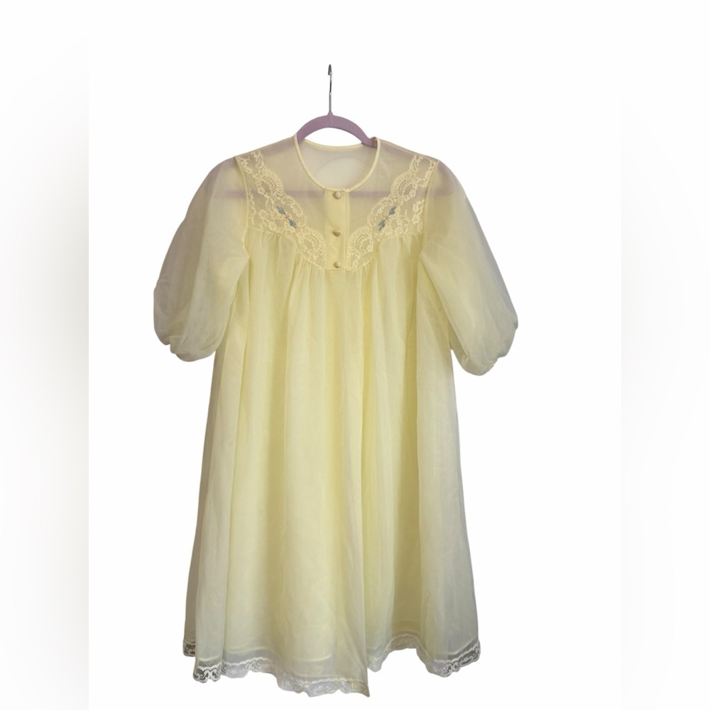 Vintage Shadowline Yellow Chiffon Nightgown Petite M Lace Babydoll Cottagecore